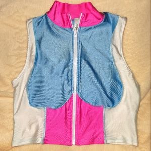 Madrags Women's zip up crop top size S satin pink/white/blue